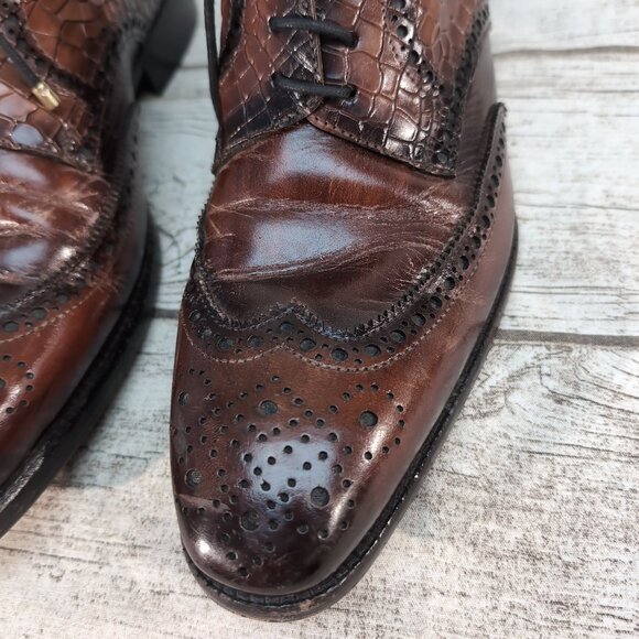 Lehato Brown Embossed Leather Wingtip Brogue Lace-Up Boots – Men’s US 7.5–8 - Picture 3 of 11